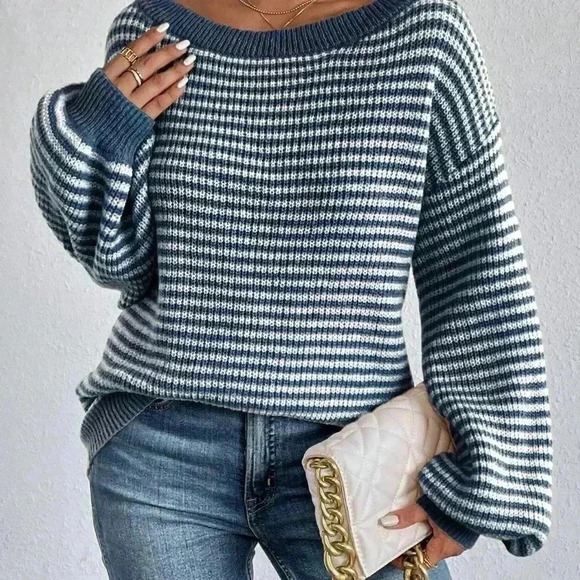 Blue Casual Womens Striped Pattern Drop Shoulder Sweater - Picture 5 of 5